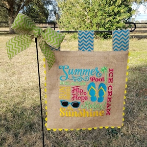 Embroidered Burlap Garden Flag - Summer Word Art - Custom Embroidery