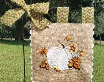 Burlap Garden Flag - Embroidered Fall Pumpkin - Matching Chevron Tabs and Bow