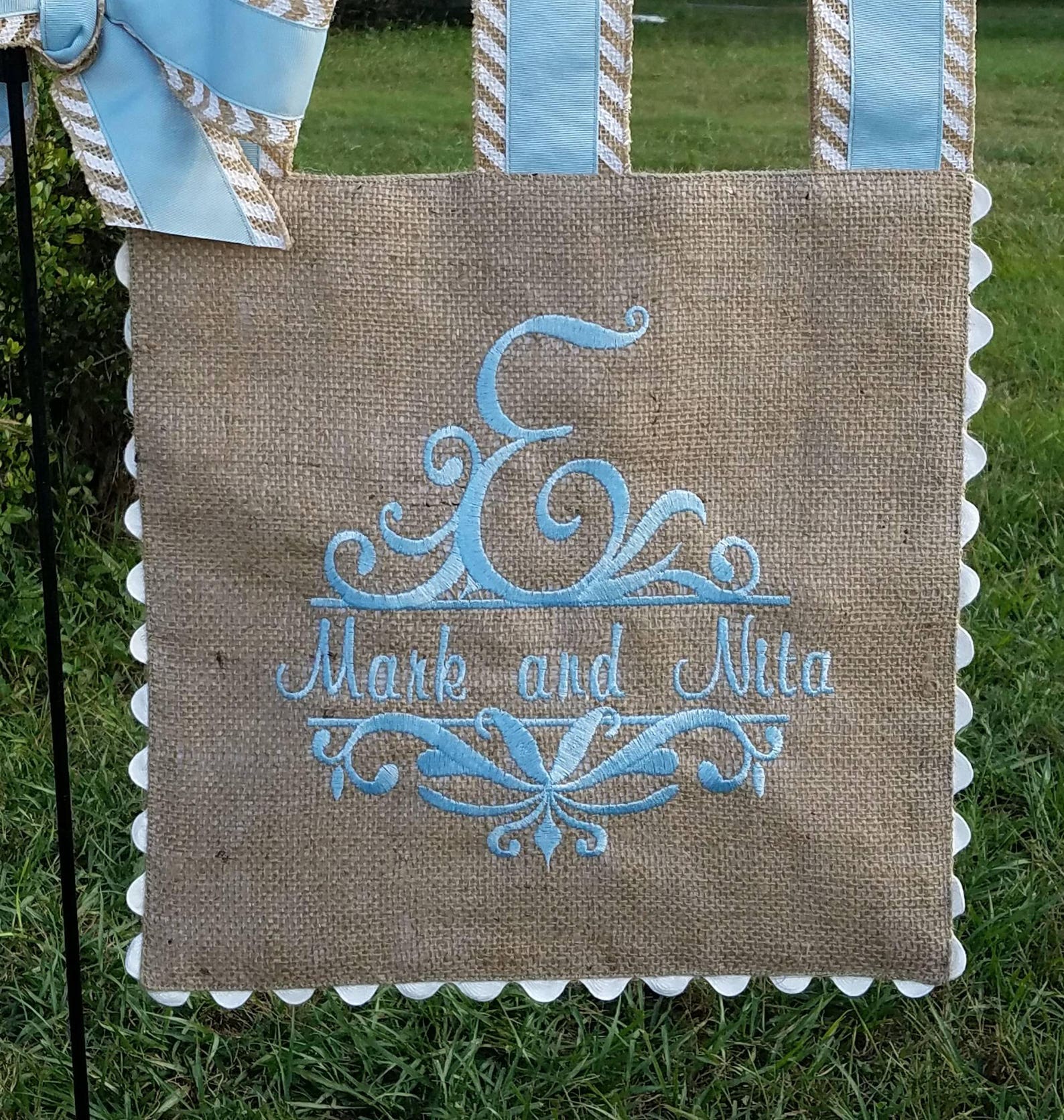 Custom Embroidery - Scrolled Letter Monogram Burlap Garden Flag ...
