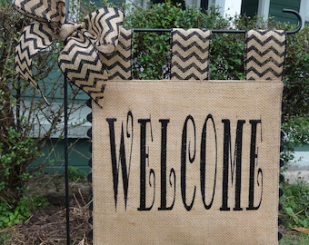 Drapeau de jardin en toile de jute - Drapeau de bienvenue - Onglets à chevrons et noeud assortis