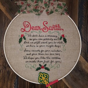 Ready to Ship - Santa&#39;s Magic Key - Farmhouse Wreath - Embroidered Hoop Wall Art