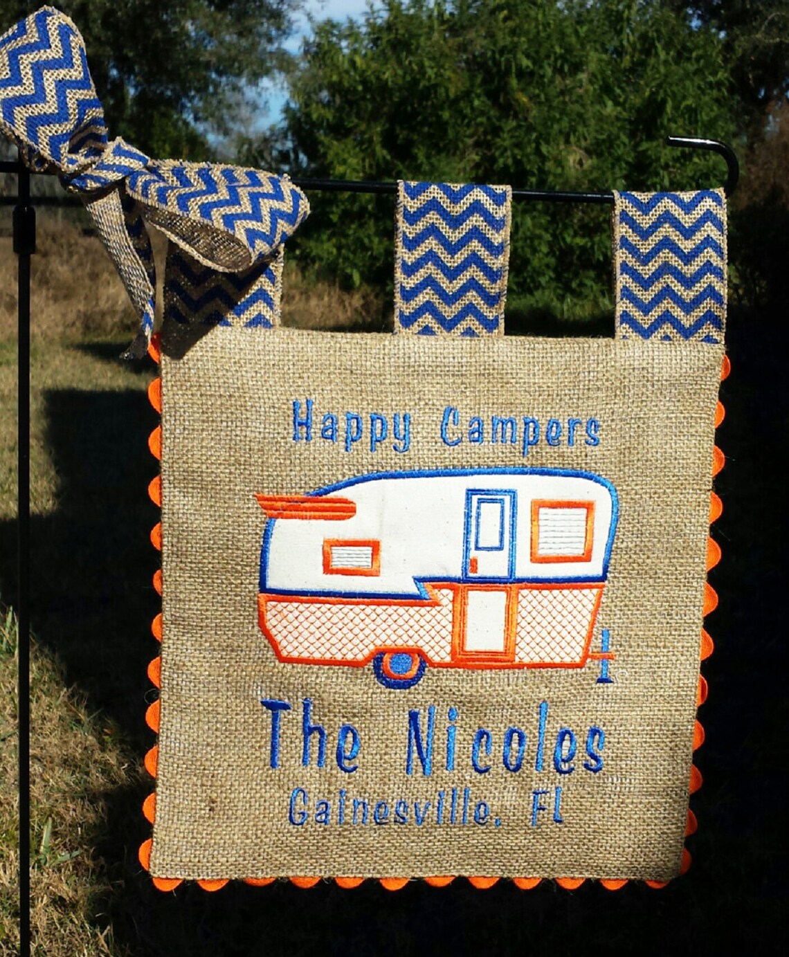 Custom Burlap Garden Flag Happy Camper Embroidery Applique Etsy