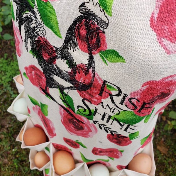Rise and Shine - Egg Collecting Apron - Embroidered Canvas Apron - 12 pocket