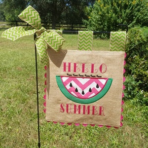 Custom Burlap Garden Flag - Hello Summer - Embroidery Applique - Single sided