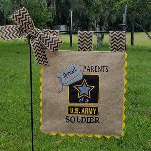 Custom Burlap Garden Flag - Proud of United States Army Soldier  - Matching Chevron Tabs and Bow