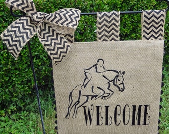 Burlap Garden Flag - Hunter Jumper - Horse - Welcome Flag - Matching Chevron Tabs and Bow