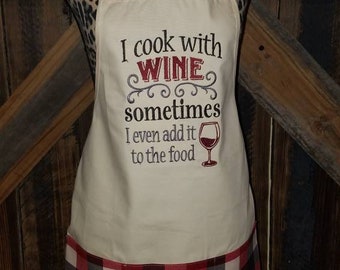 Embroidered Canvas Apron - I Cook with Wine