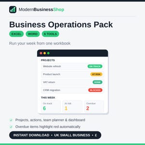 Könnte beinhalten: Ein digitales Business Operations Pack mit einem Projekt-Dashboard, das Statusanzeigen für Aufgaben enthält. Beinhaltet Excel- und Word-Tools, wöchentliche Tracking-Metriken und eine Kennzeichnung für den sofortigen Download.