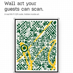 Puede incluir: Una impresión de arte mural enmarcada con un patrón de código QR verde y blanco y líneas curvas amarillas. El texto dice: CUERCO, Wall art your guests can scan. A real Wi-Fi QR code, hidden inside art. Made to order. El diseño está sobre un fondo de cuadrícula.