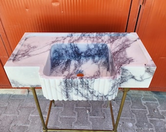 Milas Lilac Marmeren Wastafel, Wandmontage Badkamerwastafel, Zwevende Wastafel van Natuursteen met Gegroefde Rand