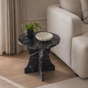 Mesa auxiliar redonda de mármol hecha a mano, mesa auxiliar con pedestal de piedra natural, mueble decorativo moderno.