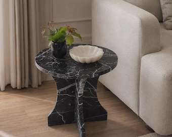 Mesa lateral redonda de mármore feita à mão, mesa de apoio com pedestal de pedra natural, móvel de destaque moderno