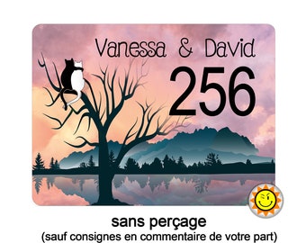 Plaque maison numero à personnaliser aluminium porte chat coucher soleil R327