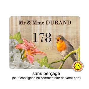 Plaque maison numero à personnaliser aluminium oiseau rouge gorge nature vintage R406 image 1