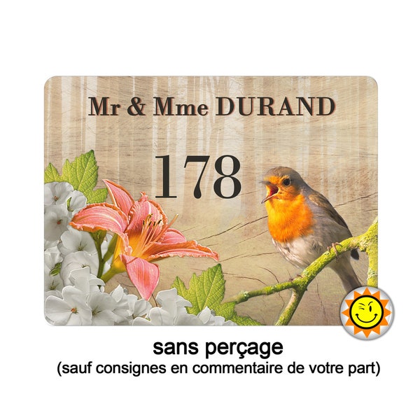 Plaque maison numero à personnaliser aluminium oiseau rouge gorge nature vintage R406