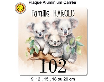 Plaque boite aux lettres à personnaliser en aluminium avec votre nom et numéro famille 3 koalas C430