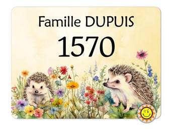 Placa de número de casa para personalizar en aluminio con diseño de erizo y flores campestres R492