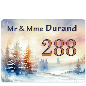 Plaque maison numero à personnaliser aluminium porte hiver nature aquarelle vintage R409