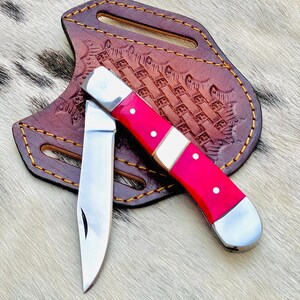 Handmade Pocket Knife Copper and Rasin on Handle D2 Steel Blade with Leather Sheath