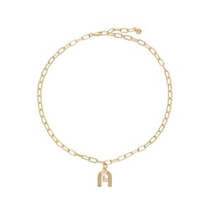 May include: A gold-toned chain necklace featuring a series of elongated rectangular links. A small, arched pendant with horizontal ribbed detailing and a single embedded clear stone hangs from the center of the chain, secured by a clasp.