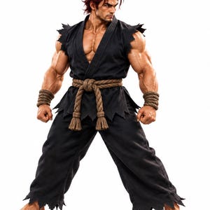 May include: A muscular figure with dark red hair tied in a topknot, wearing a sleeveless black martial arts gi with frayed edges. The outfit includes a thick, knotted brown rope belt at the waist and matching rope wrist wraps on both arms.