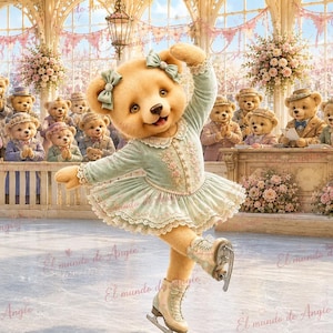 Puede incluir: Un oso de peluche marrón claro patinando sobre hielo con un vestido azul claro con ribetes de encaje y dos lazos a juego en las orejas. El oso lleva patines blancos y está rodeado por una multitud de otros osos en un salón de baile adornado.