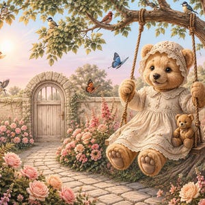 Puede incluir: Un oso de peluche marrón claro con un vestido de encaje color crema y un gorro a juego está sentado en un columpio de madera colgado de un árbol. El oso sostiene un oso de peluche más pequeño. La escena incluye un camino de piedra y rosas.