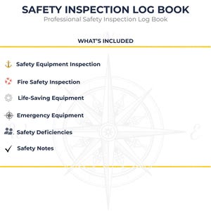 Könnte beinhalten: Ein Sicherheitsinspektions-Logbuch für Luxusyachten und Handelsschiffe. Die Seite listet Abschnitte wie Sicherheitsausrüstung, Brandschutz, Rettungsausrüstung, Notfallausrüstung, Sicherheitsmängel und Sicherheitsnotizen mit Symbolen auf.