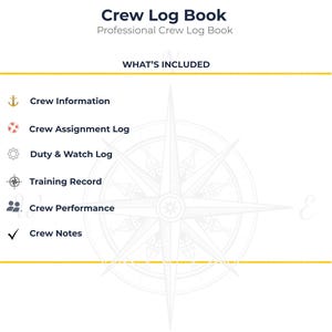 May include: A white and navy blue Crew Log Book for luxury yachts and commercial vessels. The page lists sections including Crew Information, Crew Assignment Log, Duty & Watch Log, Training Record, Crew Performance, and Crew Notes with icons.