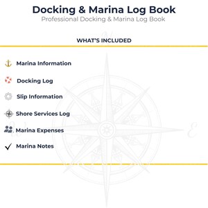 Peut inclure: Un carnet de bord pour marina et accostage destiné aux yachts de luxe et navires commerciaux. La page liste le contenu incluant informations marina, journal d'accostage, informations cale, journal services rivage, dépenses et notes.