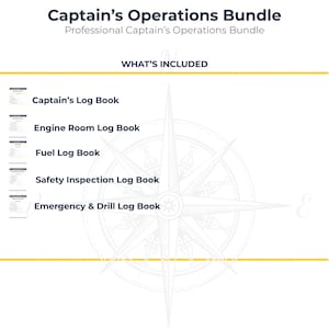 Könnte beinhalten: Ein digitales Dokument mit dem Titel Captain's Operations Bundle für Luxusyachten und Handelsschiffe. Es listet fünf Logbücher auf: Captain's, Engine Room, Fuel, Safety Inspection und Emergency & Drill. Design mit goldenem Anker und Kompass.