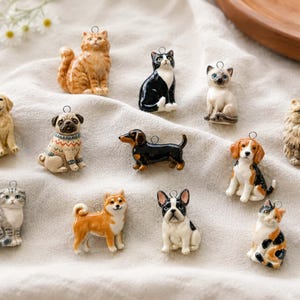 Può includere: Una collezione di dodici piccoli ciondoli in ceramica dipinti a mano, che includono varie razze di cani e gatti. Ogni figurina presenta un piccolo occhiello metallico sulla parte superiore per appenderla, con dettagliate texture del pelo.