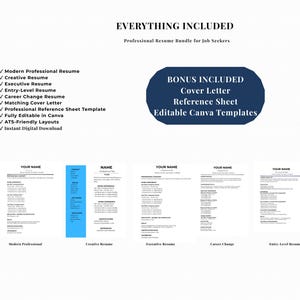 May include: A digital resume bundle featuring five distinct resume templates labeled Modern Professional, Creative, Executive, Career Change, and Entry-Level. The text includes EVERYTHING INCLUDED, Professional Resume Bundle for Job Seekers, and BONUS INCLUDED Cover Letter Reference Sheet Editable Canva Templates.