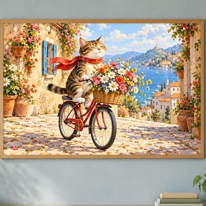Horizontal Digital Download: Cat on a Bicycle with Flowers Printable Wall Art, 7 Signed Files