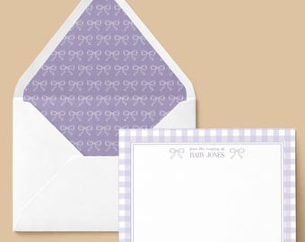 Personalized Flat Notecards | Gingham Bow Stationery | Custom Note Cards with Envelope Liners | Personalized Gift