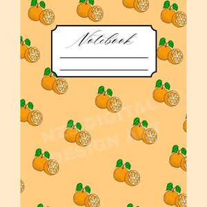May include: A digital student notebook with a light orange background featuring a repeating pattern of whole and halved oranges with green leaves. A central white rectangular label contains the word Notebook in black script above three lines.