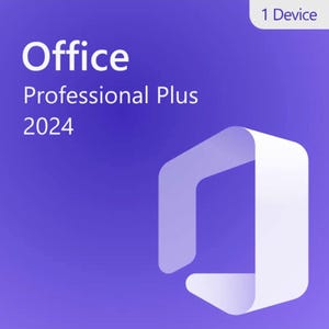 May include: A purple software product box featuring the white text Office Professional Plus 2024 and a white 1 Device label in the corner. A large, stylized white geometric icon is positioned on the lower right side of the purple background.