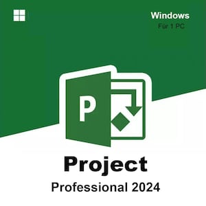 May include: A green and white software product box for Microsoft Project Professional 2024 for Windows. The design features the letter P icon, the Windows logo, and the text Project Professional 2024. The background is split diagonally.