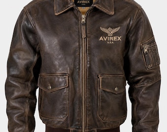 Giacca invernale da aviatore Avirex in pelle bovina effetto invecchiato, stile bomber, ideale per volo e moto.