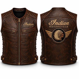 Puede incluir: Un chaleco de cuero marrón desgastado con cremallera frontal, paneles acolchados en los hombros y cordones laterales. El pecho muestra el logotipo de Indian Motorcycle. La espalda presenta un gran emblema de Indian Motorcycle con un gráfico de tocado alado.