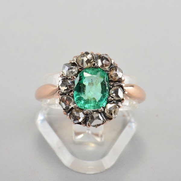 Victorian 1.20 Ct colombian emerald rose cut diamond ring