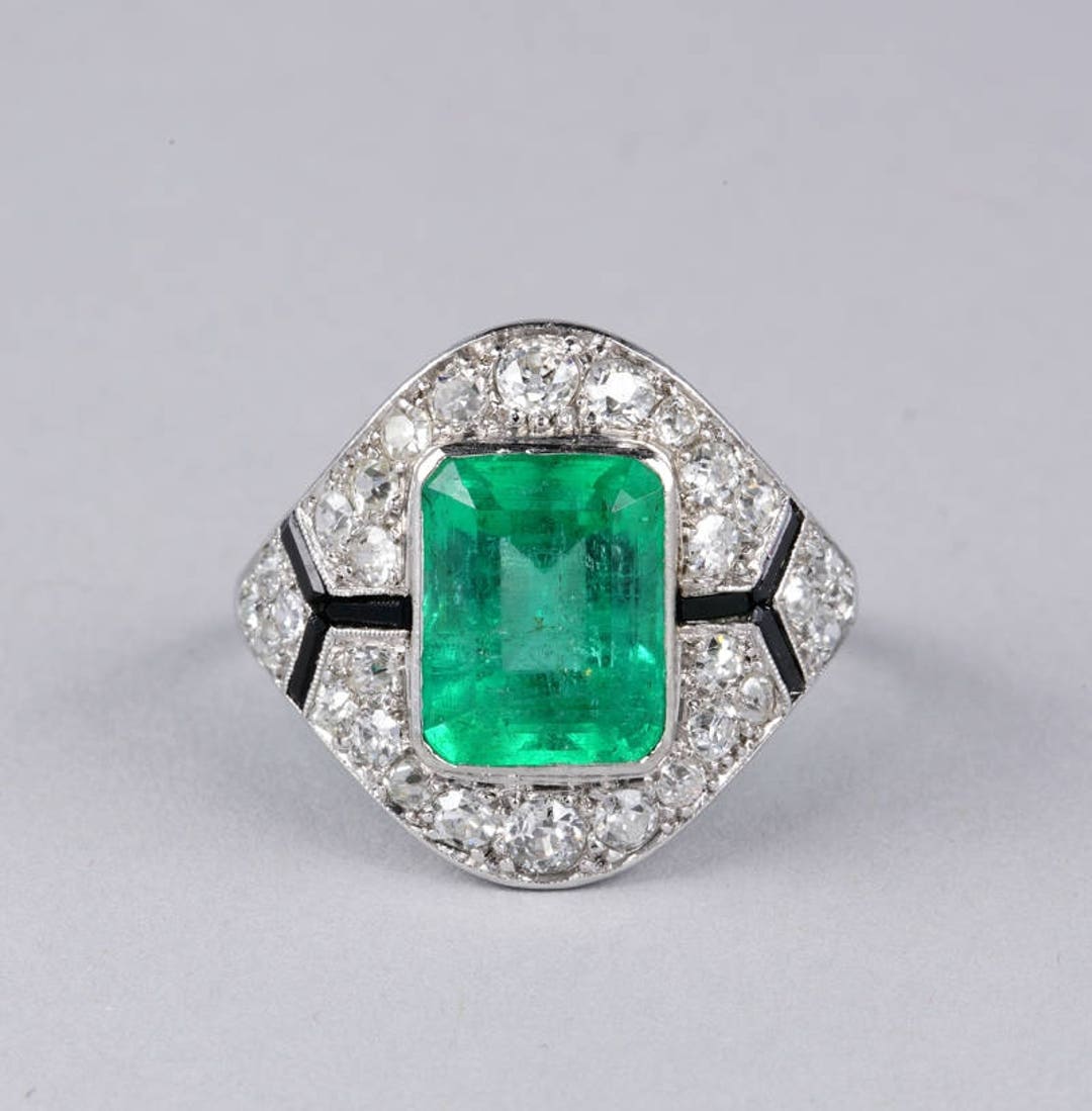 Art Deco Certified Colombian Emerald Diamond Onyx Rare Ring - Etsy