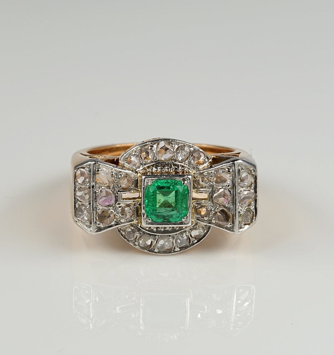 Superb Art Deco Emerald and Diamond Bow Ring - Etsy