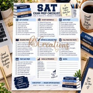 Op de afbeelding: Een geprinte SAT-examenvoorbereidingschecklist met secties voor studiemateriaal, wiskunde, lezen, schrijven en voorbereiding op de examendag. Het document bevat selectievakjes, motiverende tekst en een achtergrond met een marmerpatroon.