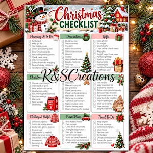 May include: A Christmas checklist printed on paper featuring a snowman, a house, and a Christmas tree. The document is divided into sections including Planning, Decorations, Gifts, Christmas, Travel Plans, and Final To Do with checkboxes.