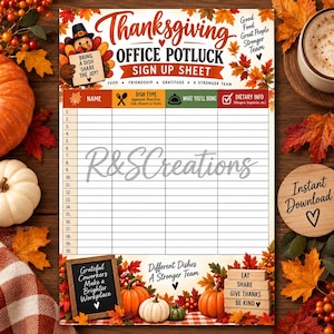 May include: A Thanksgiving office potluck sign-up sheet featuring a turkey illustration, autumn leaves, and a grid with columns for name, dish type, and dietary info. The text reads Thanksgiving Office Potluck Sign Up Sheet and other phrases.