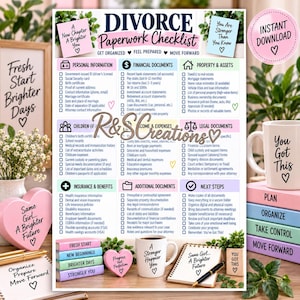 Puede incluir: Una lista de verificación de documentos de divorcio con secciones para información personal, documentos financieros, propiedades, hijos, ingresos, gastos, documentos legales y próximos pasos, con textos motivadores e iconos de corazones.