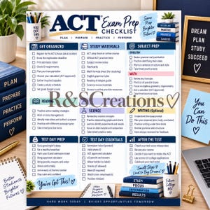 May include: A white ACT Exam Prep Checklist printed on paper with blue and black text. The document features organized sections for study materials, subject prep, reading, science, writing, test day prep, and essentials with checkboxes.