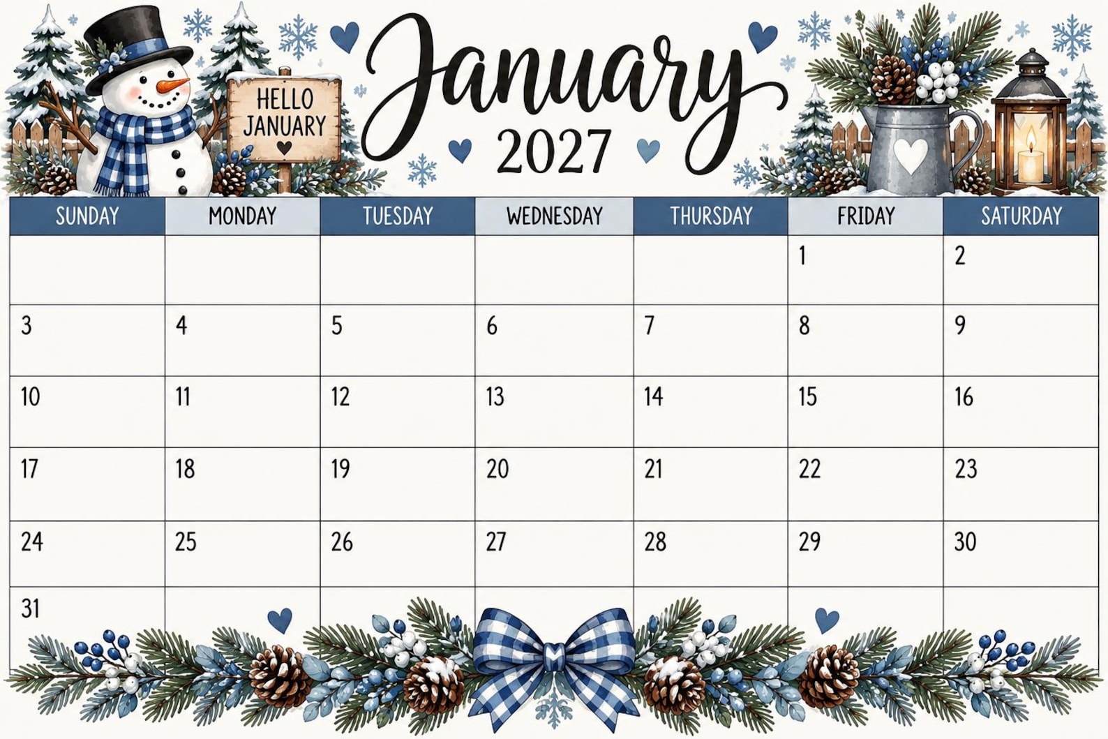 January 2027 Printable Calendar | Winter Snowman Calendar | Farmhouse ...