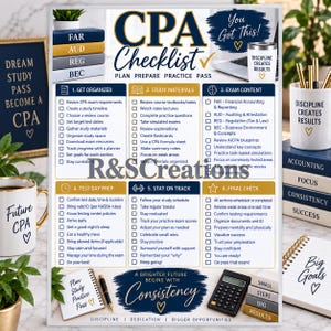 Puede incluir: Un póster de lista de verificación CPA con seis secciones: Get Organized, Study Materials, Exam Content, Test Day Prep, Stay on Track y Final Check. El diseño incluye texto en azul marino y dorado, casillas de verificación y frases motivadoras.
